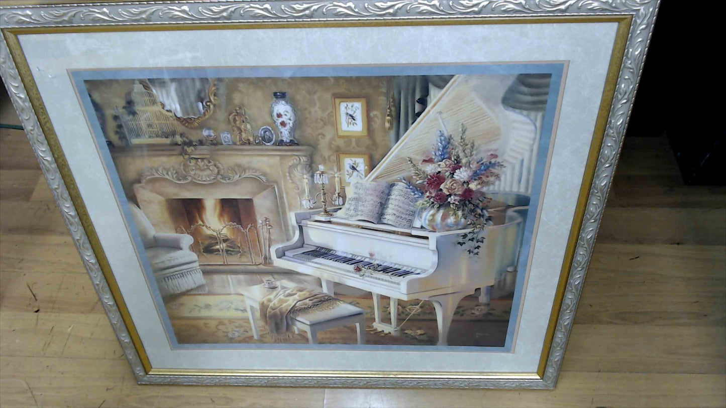 J. Gibson “Fireside Sonata” Framed Print – White Grand Piano & Fireplace, 28" x 31"