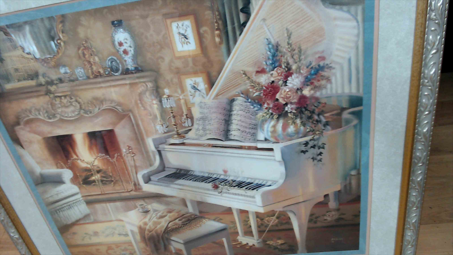 J. Gibson “Fireside Sonata” Framed Print – White Grand Piano & Fireplace, 28" x 31"