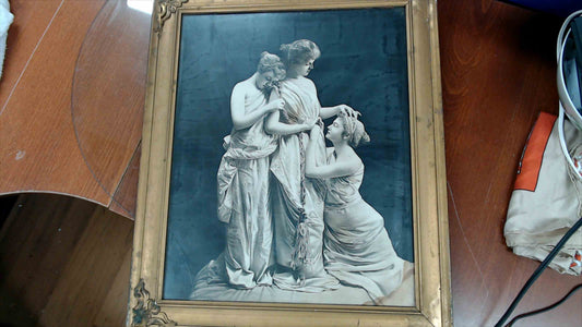 Vintage Neoclassical Ladies Framed Print – Black & White Art, 19" x 23" – Damaged Frame & Glass