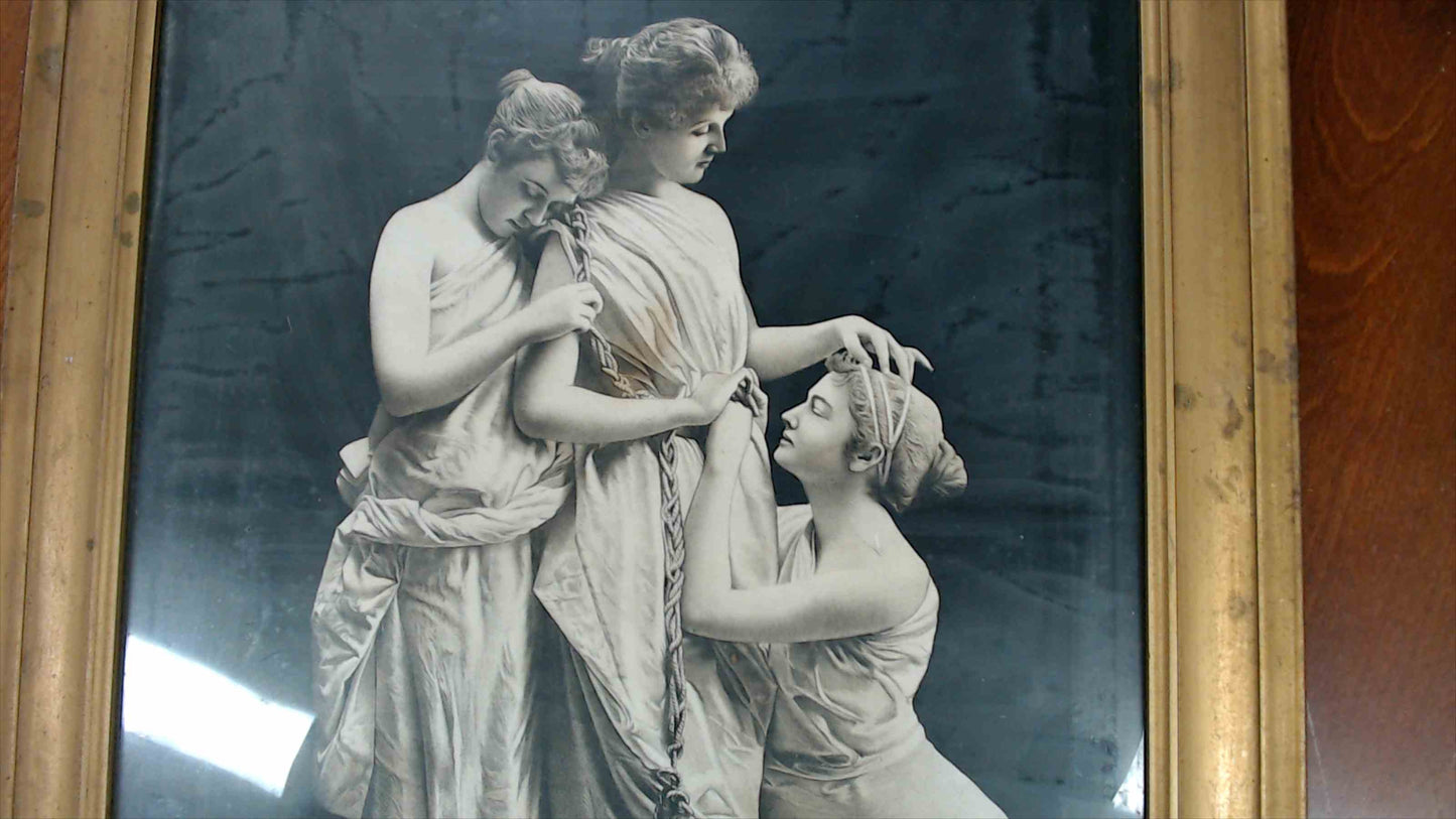 Vintage Neoclassical Ladies Framed Print – Black & White Art, 19" x 23" – Damaged Frame & Glass
