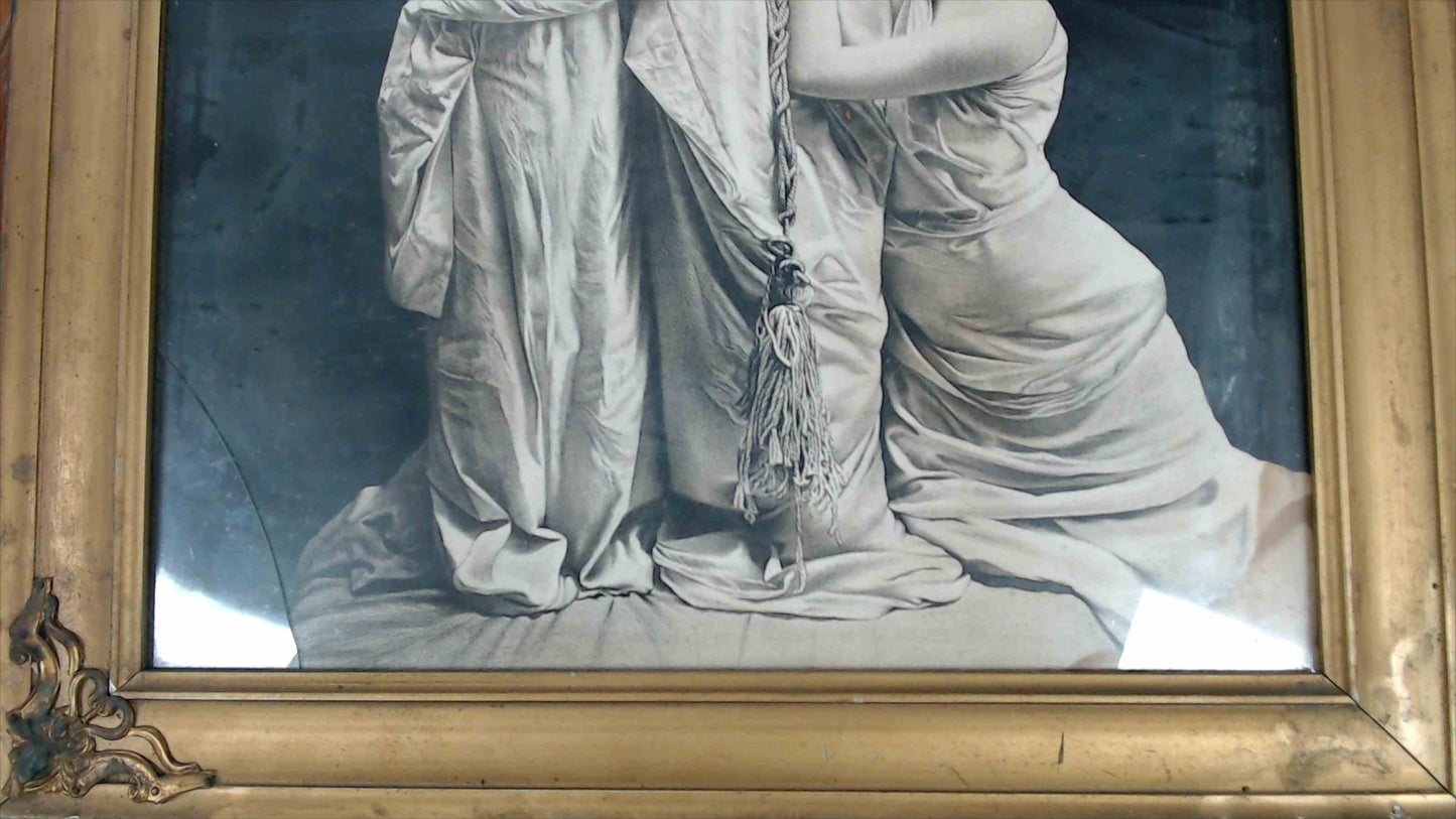 Vintage Neoclassical Ladies Framed Print – Black & White Art, 19" x 23" – Damaged Frame & Glass