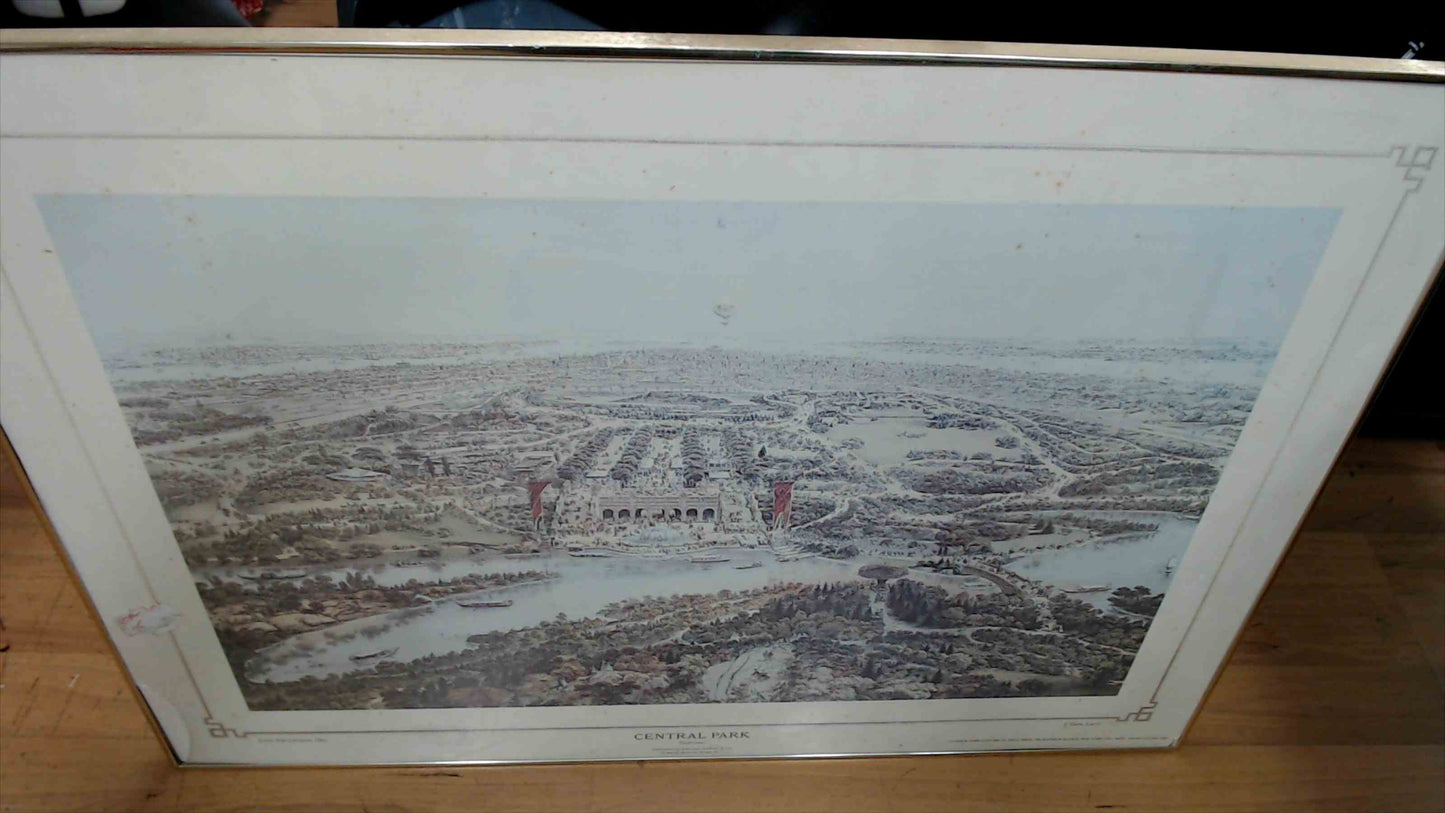 Central Park “Summer” Aerial View Print by John Bachmann & J. Bien – Framed Wall Art 29"x40" (Glass Damaged)
