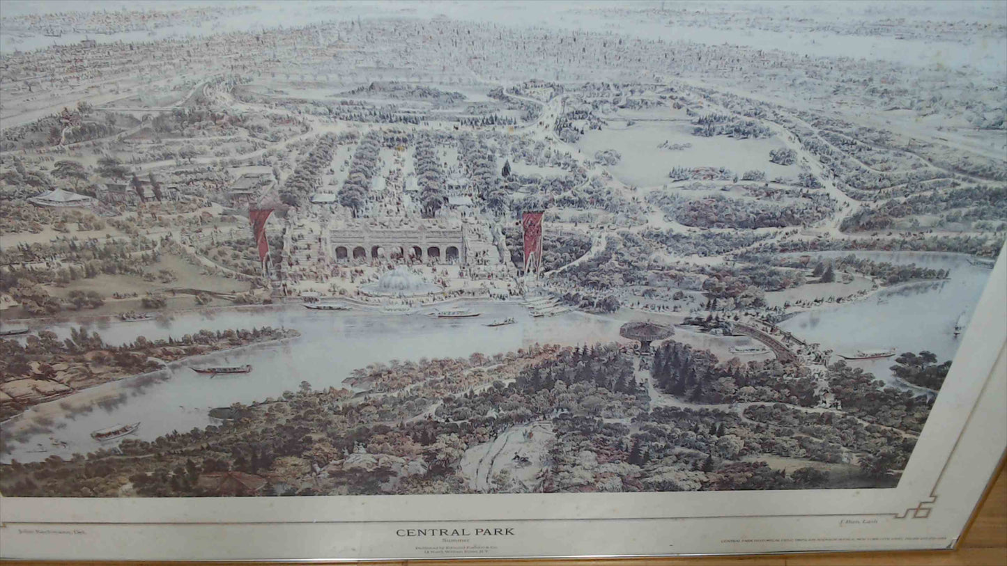 Central Park “Summer” Aerial View Print by John Bachmann & J. Bien – Framed Wall Art 29"x40" (Glass Damaged)