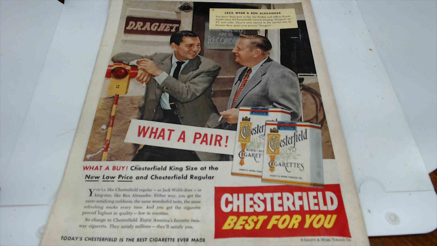 1954 Saturday Evening Post – Oct. 23 Issue – Jazz Rehearsal Cover – Dragnet Chesterfield Ad – Thunderbird