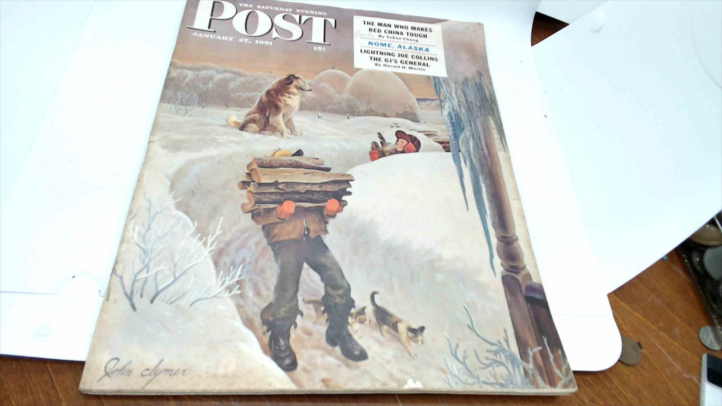 Vintage Saturday Evening Post Magazine – January 27, 1951 – John Clymer Winter Snow Scene & Coca-Cola Ad