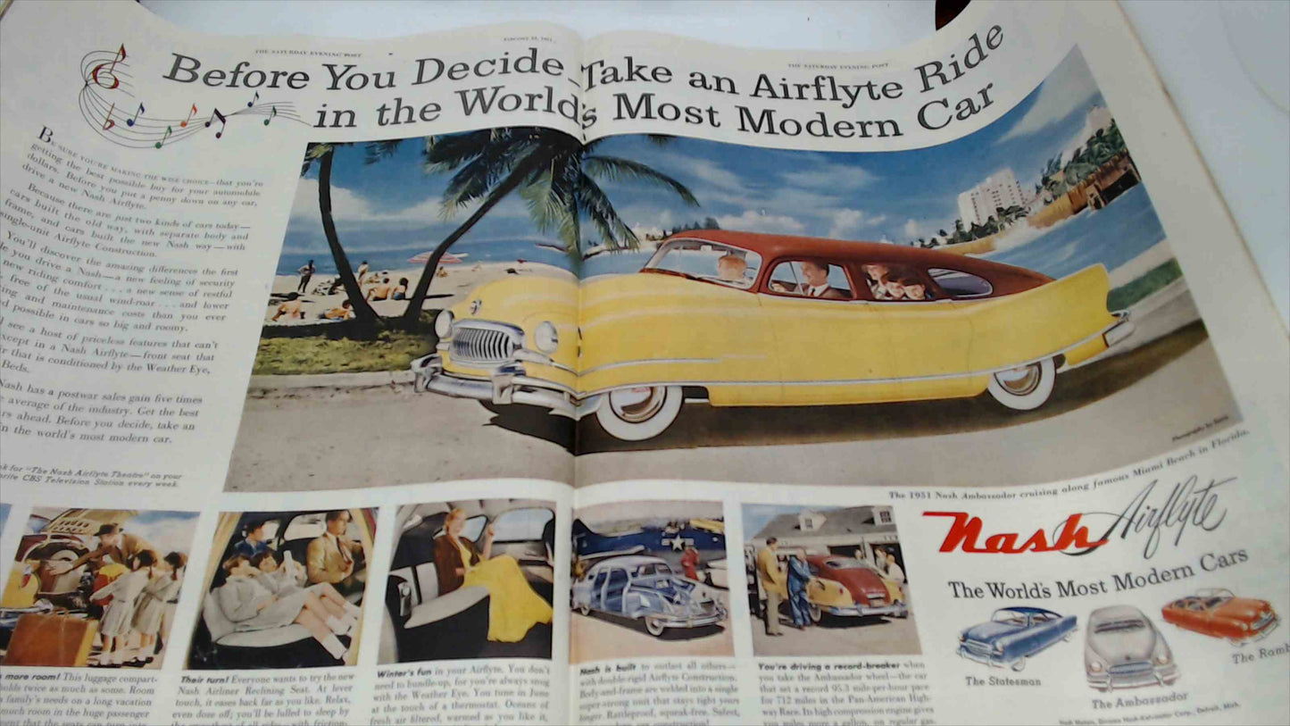 1951 Saturday Evening Post Magazine – “Washington Crossing the Delaware” Classroom Cover – Nash Airflyte & Coca-Cola Ads