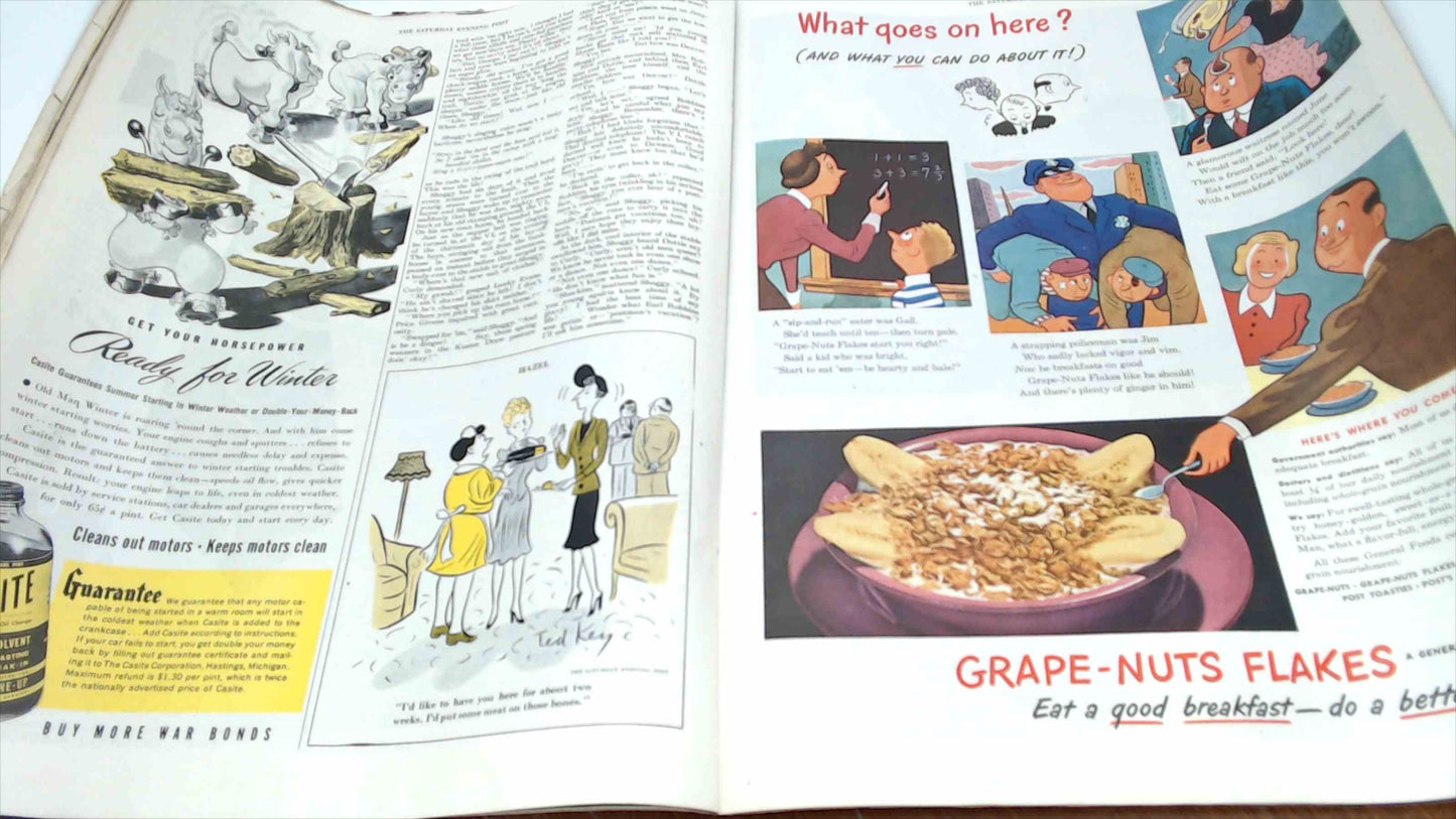 The Saturday Evening Post – November 18, 1944 | WWII War Plant Cover | “The Clock Runs Out on Stalin” | General Mills Back Cover