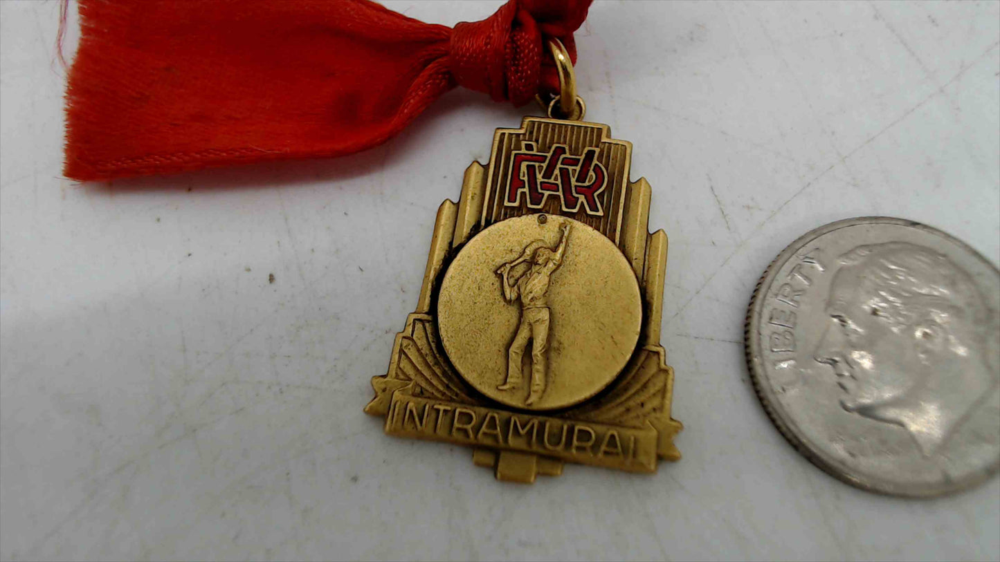 Vintage Intramural Sports Medal w/ Red Ribbon – Gold-Tone Athlete Award Charm
