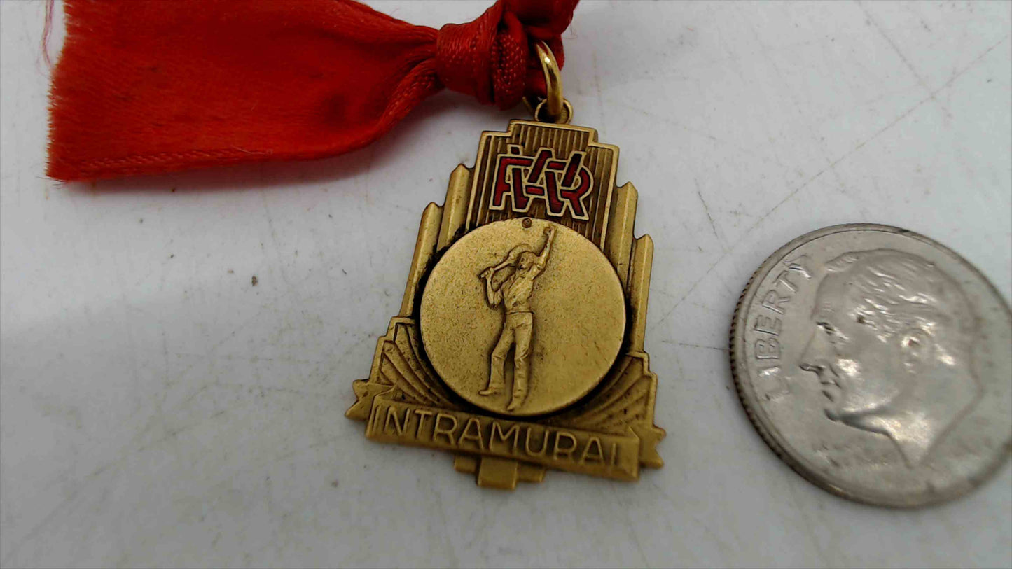 Vintage Intramural Sports Medal w/ Red Ribbon – Gold-Tone Athlete Award Charm