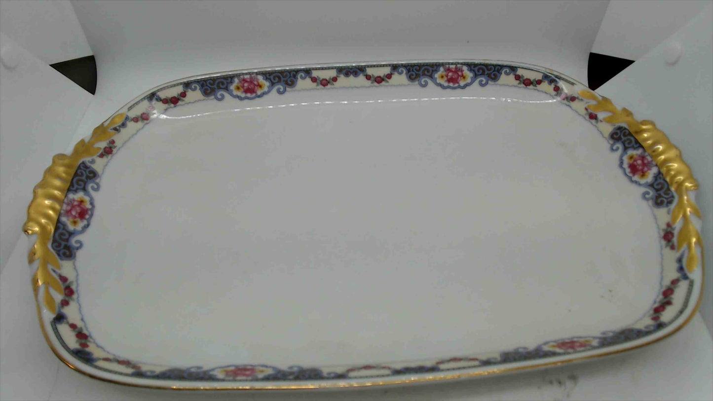 Vintage Czechoslovakia Floral & Gold Trim Porcelain Serving Platter – 15” Rectangular Tray