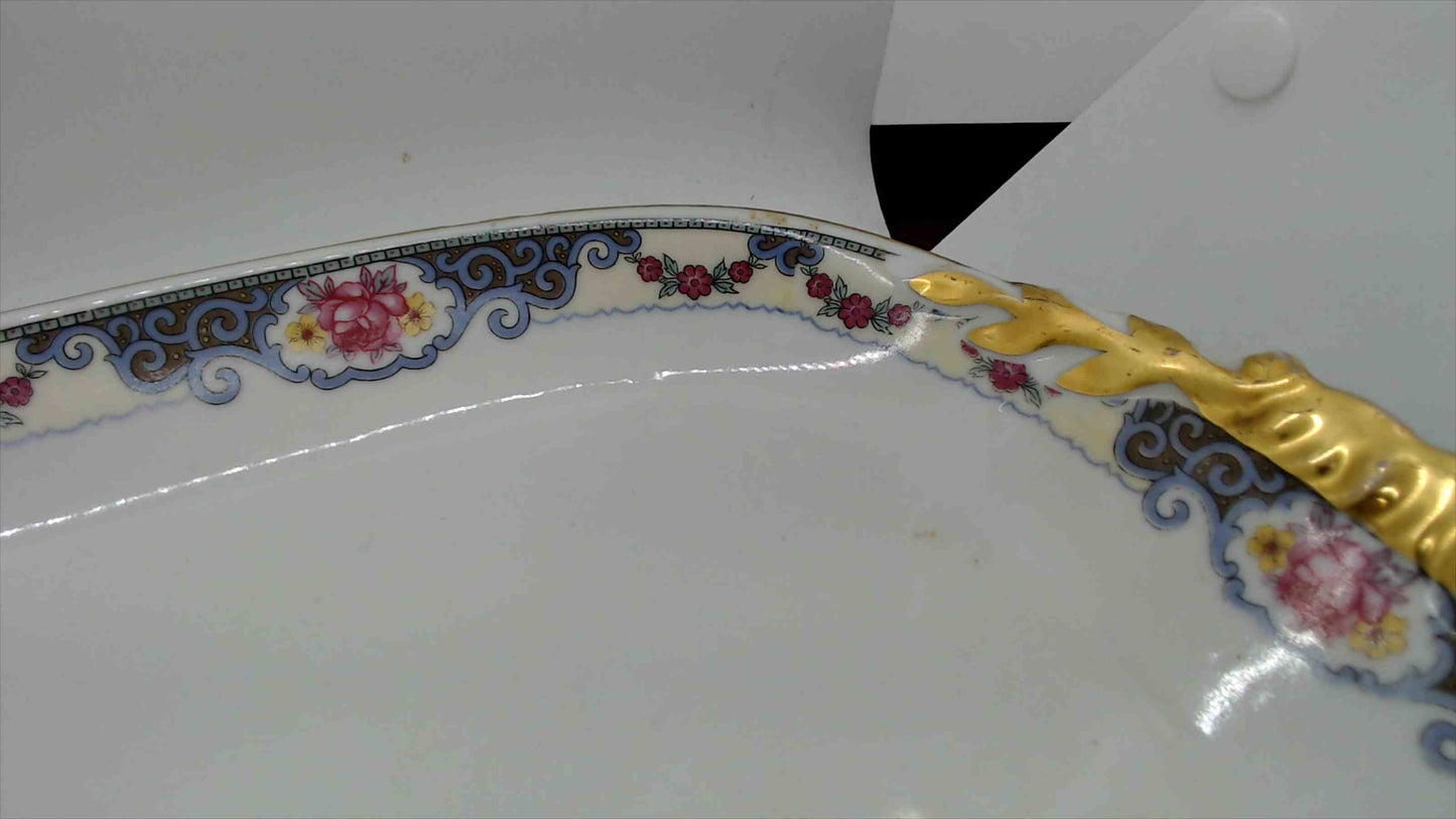 Vintage Czechoslovakia Floral & Gold Trim Porcelain Serving Platter – 15” Rectangular Tray