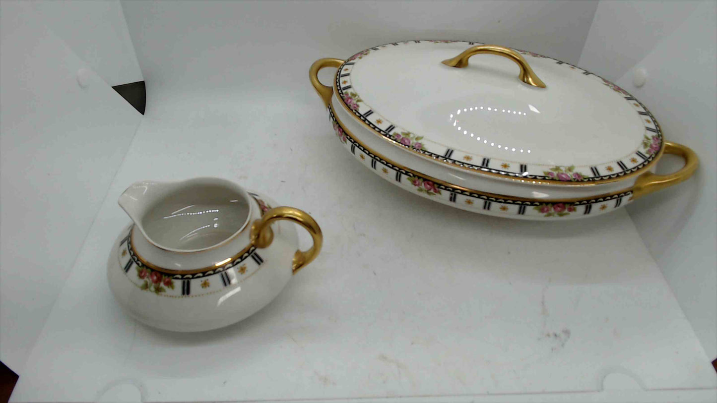 Antique G.H.B. Co. Cleveland Ohio Oval Tureen & Creamer – Pattern 713 – Hand-Painted Roses – 18K Gold Trim
