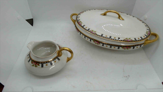 Antique G.H.B. Co. Cleveland Ohio Oval Tureen & Creamer – Pattern 713 – Hand-Painted Roses – 18K Gold Trim