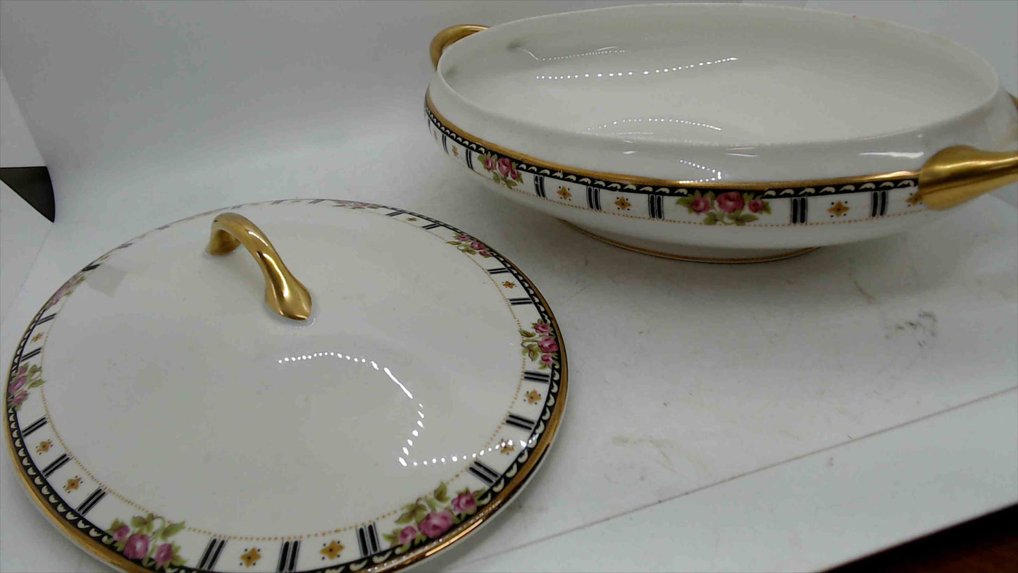 Antique G.H.B. Co. Cleveland Ohio Oval Tureen & Creamer – Pattern 713 – Hand-Painted Roses – 18K Gold Trim