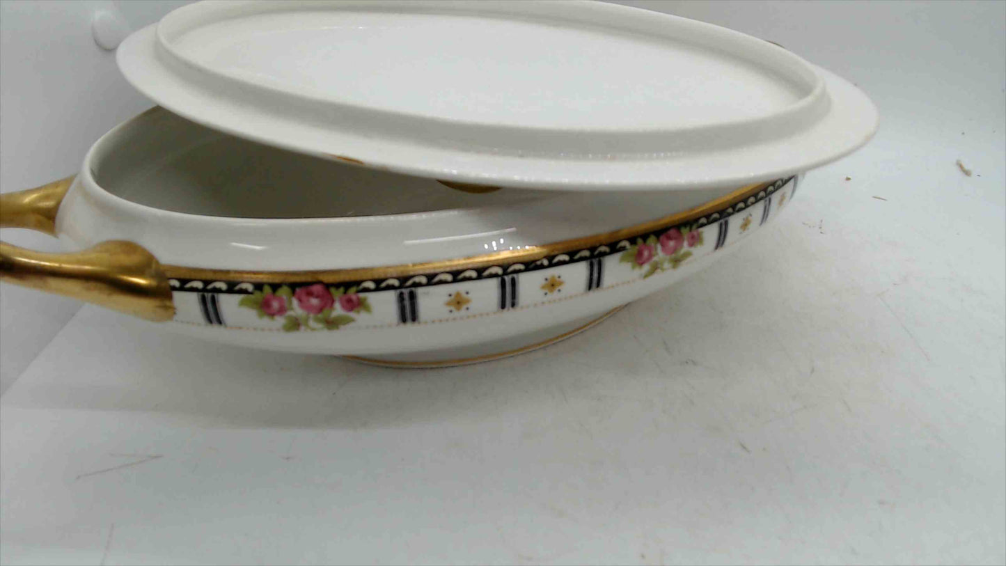 Antique G.H.B. Co. Cleveland Ohio Oval Tureen & Creamer – Pattern 713 – Hand-Painted Roses – 18K Gold Trim