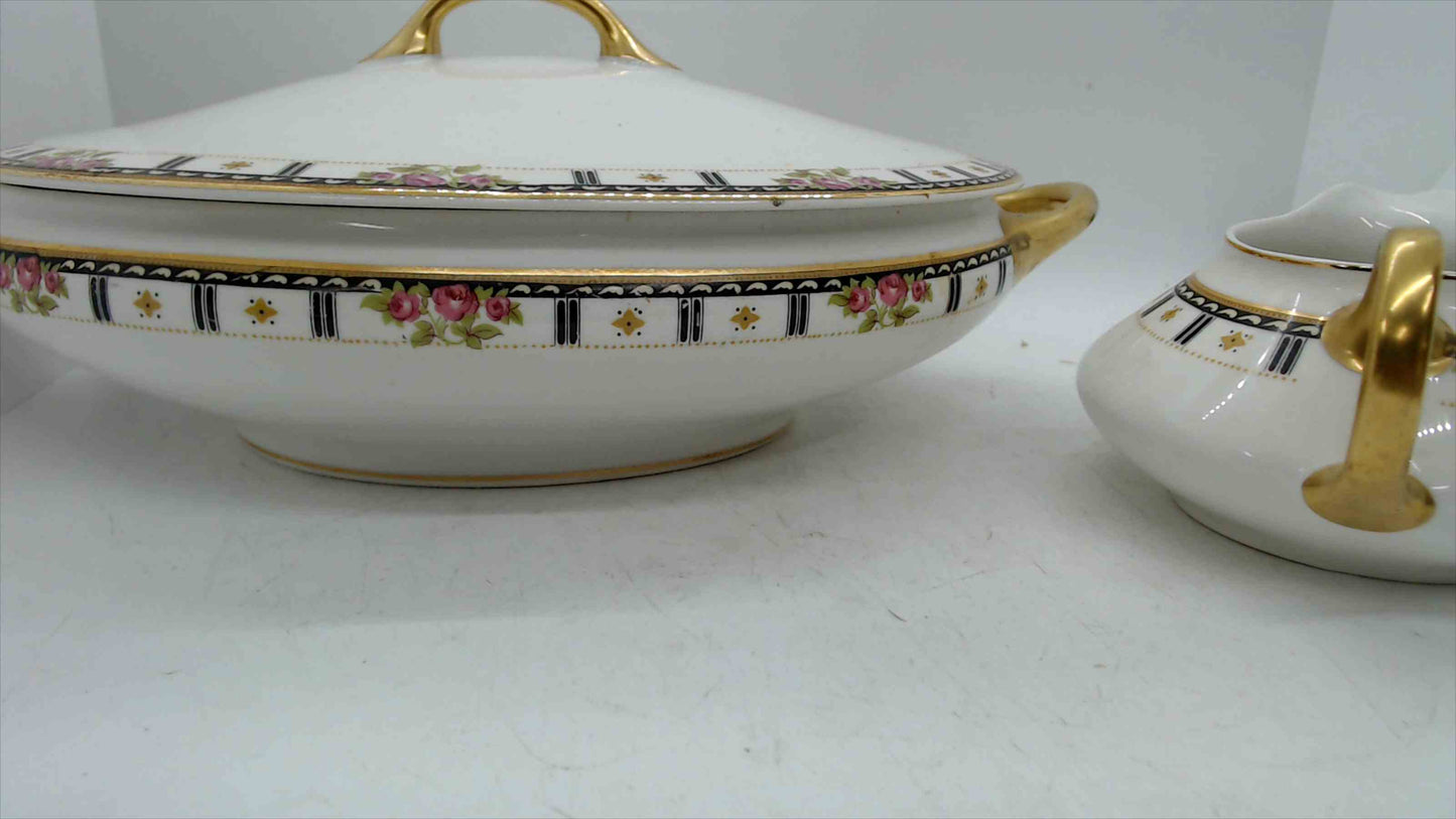 Antique G.H.B. Co. Cleveland Ohio Oval Tureen & Creamer – Pattern 713 – Hand-Painted Roses – 18K Gold Trim