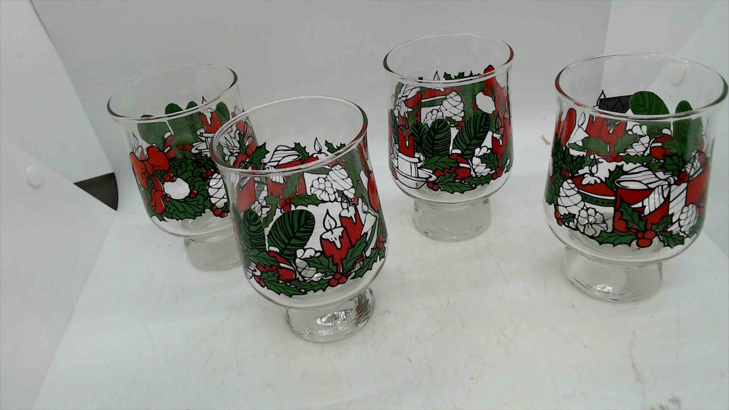 Vintage Christmas Holiday Footed Glasses – Set of 4 – Holly, Candles & Ribbon Print – 4.75” Tall