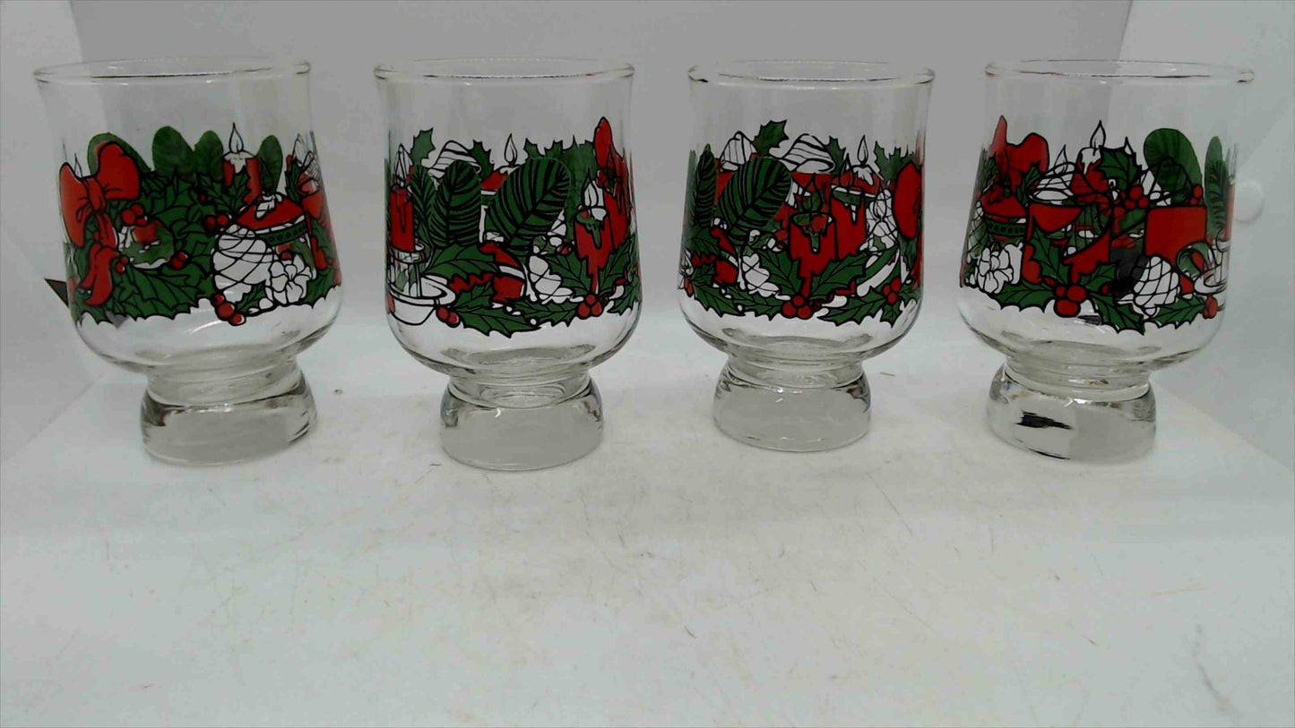 Vintage Christmas Holiday Footed Glasses – Set of 4 – Holly, Candles & Ribbon Print – 4.75” Tall