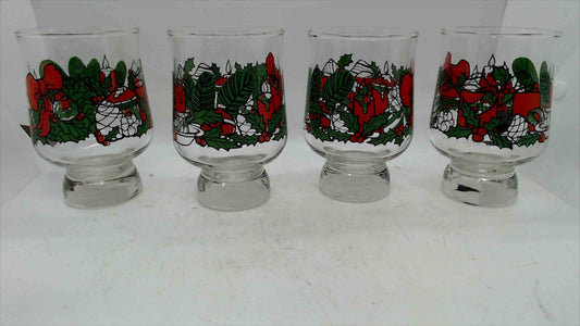 Vintage Christmas Holiday Footed Glasses – Set of 4 – Holly, Candles & Ribbon Print – 4.75” Tall