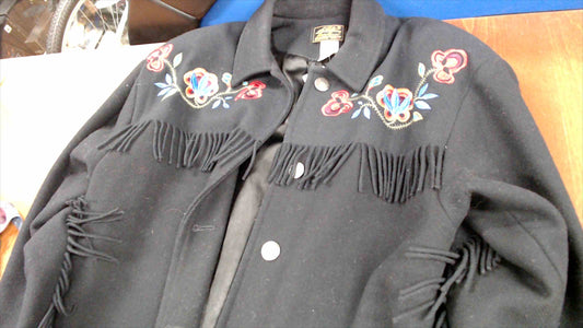 Vintage Eddie Bauer Women’s Small Wool Fringe Jacket – Floral Embroidery – Western Style – Black