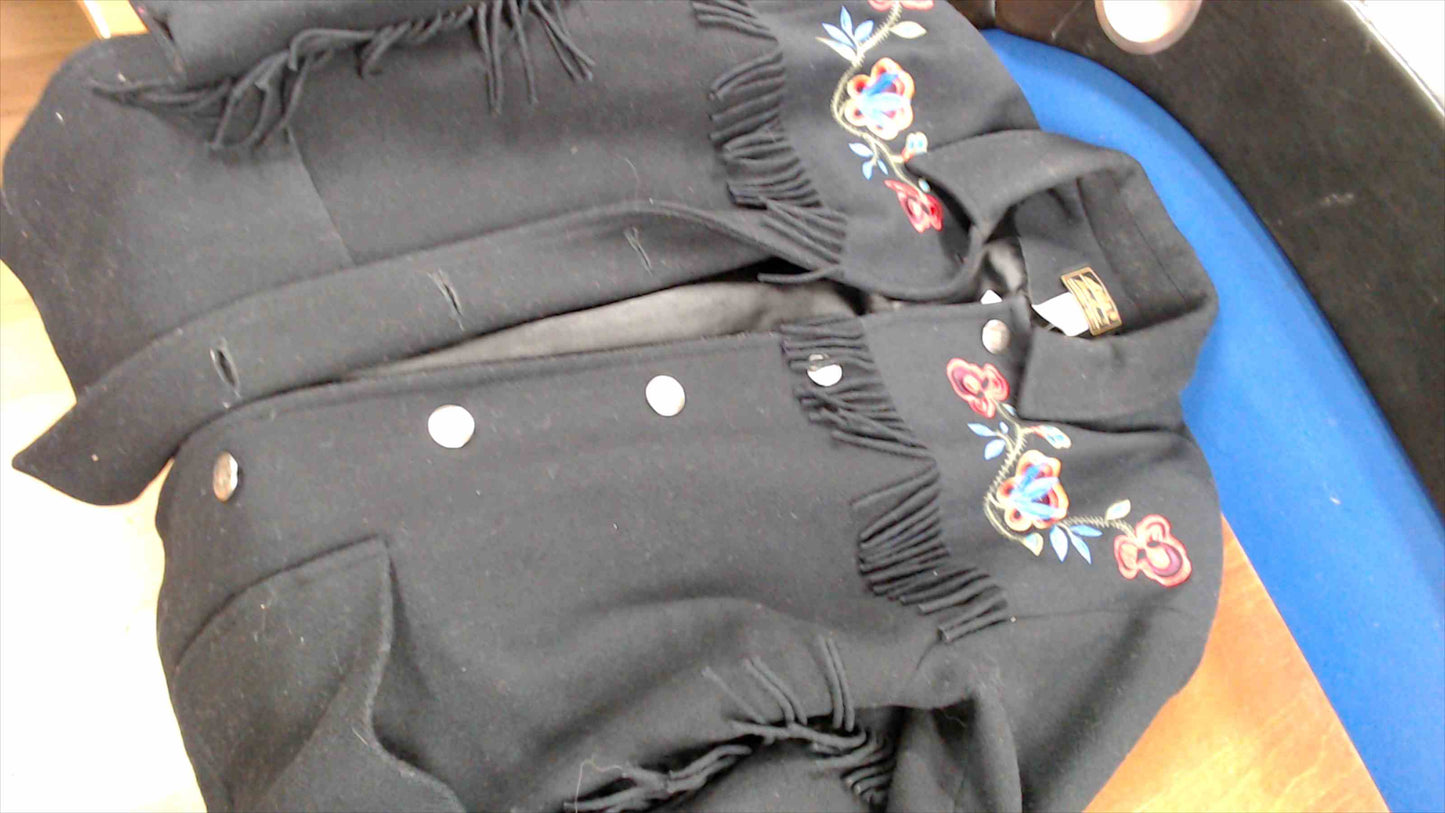 Vintage Eddie Bauer Women’s Small Wool Fringe Jacket – Floral Embroidery – Western Style – Black