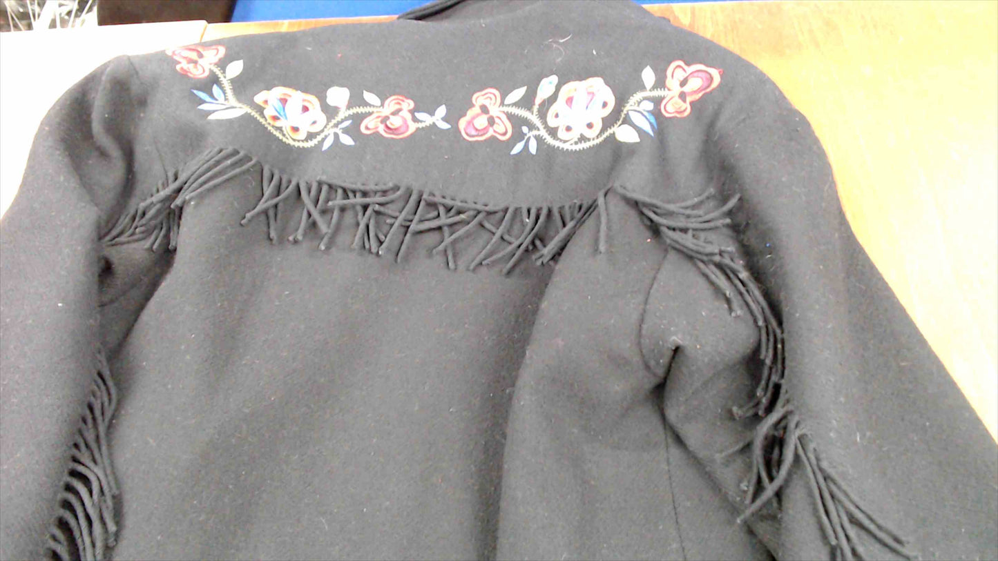 Vintage Eddie Bauer Women’s Small Wool Fringe Jacket – Floral Embroidery – Western Style – Black