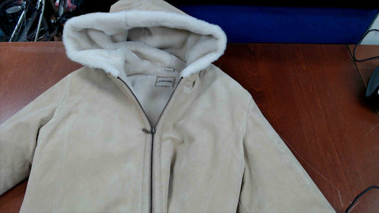 St. John’s Bay Women’s Genuine Leather Shearling-Lined Hooded Jacket – Beige – Size Large