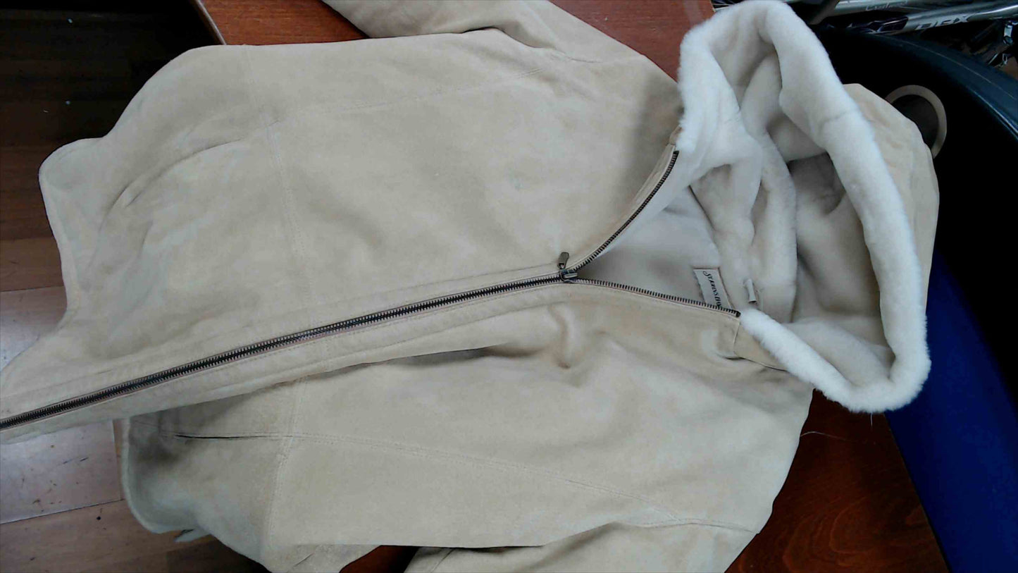 St. John’s Bay Women’s Genuine Leather Shearling-Lined Hooded Jacket – Beige – Size Large