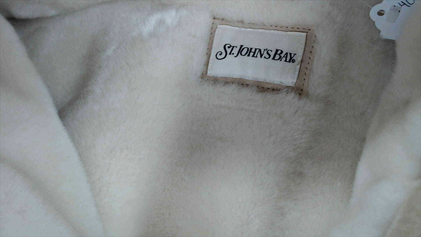 St. John’s Bay Women’s Genuine Leather Shearling-Lined Hooded Jacket – Beige – Size Large