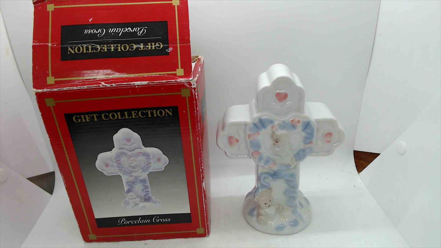 Gift Collection Porcelain Cross Figurine w/ Hearts & Teddy Bear – 7” Tall w/ Box