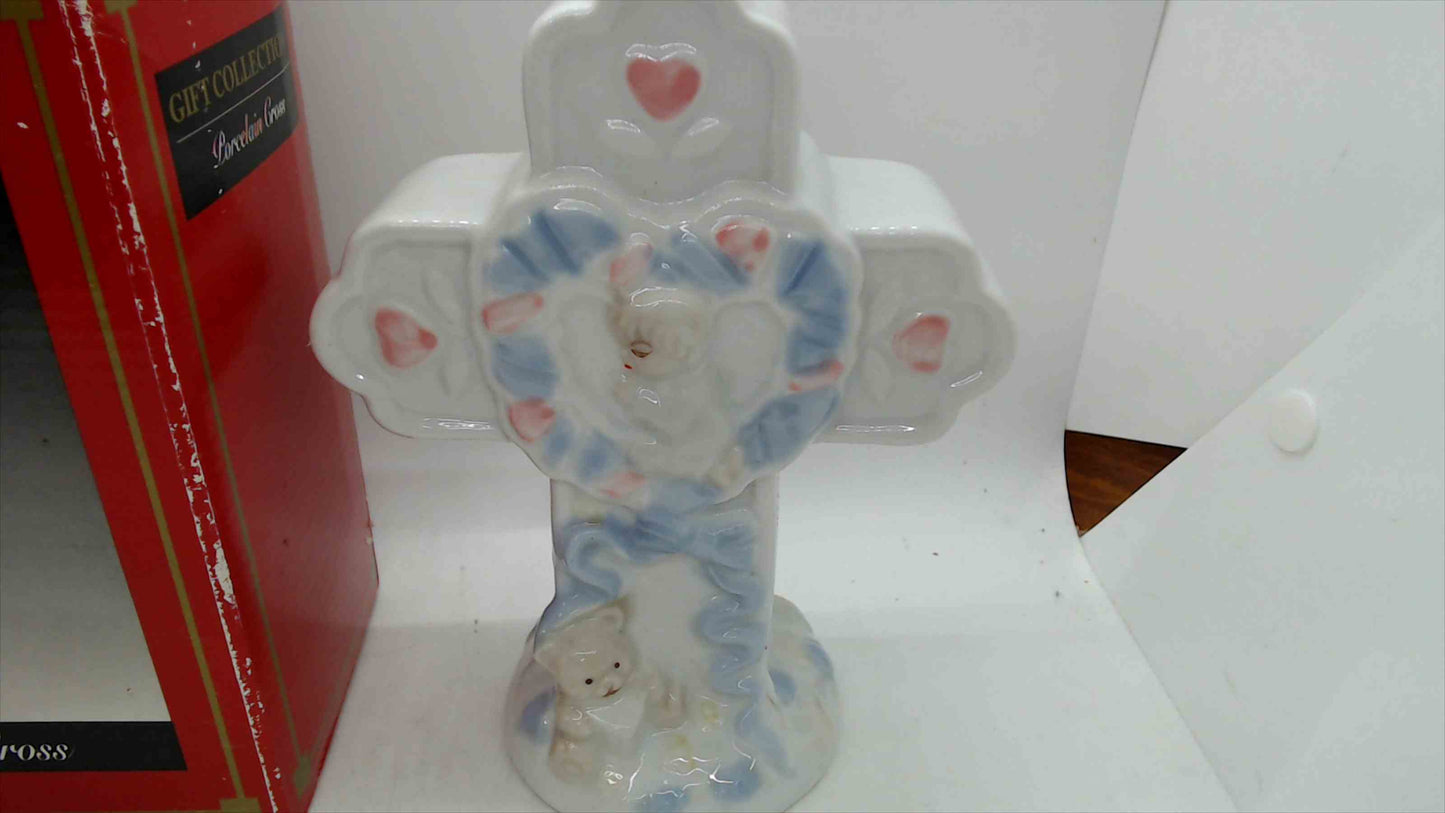 Gift Collection Porcelain Cross Figurine w/ Hearts & Teddy Bear – 7” Tall w/ Box