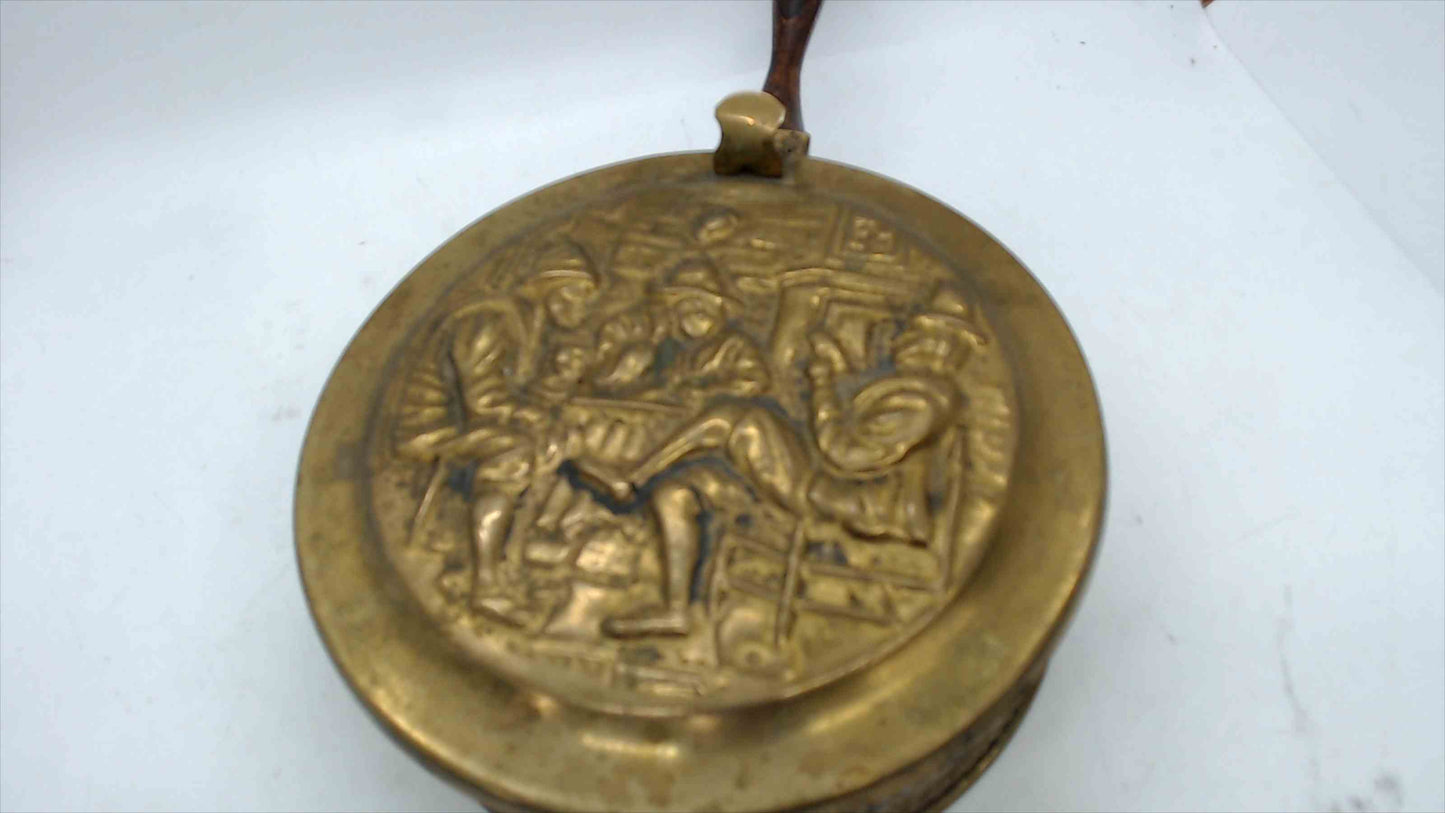 Vintage Peerage England Embossed Brass Coal Scuttle / Pot with Wooden Handle – Tavern Scene – Hinged Lid