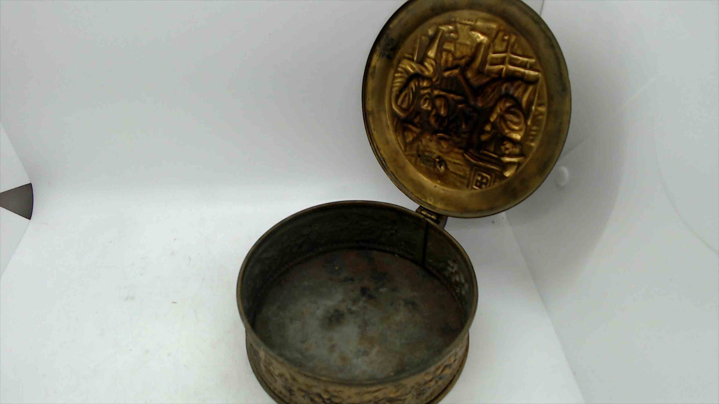 Vintage Peerage England Embossed Brass Coal Scuttle / Pot with Wooden Handle – Tavern Scene – Hinged Lid