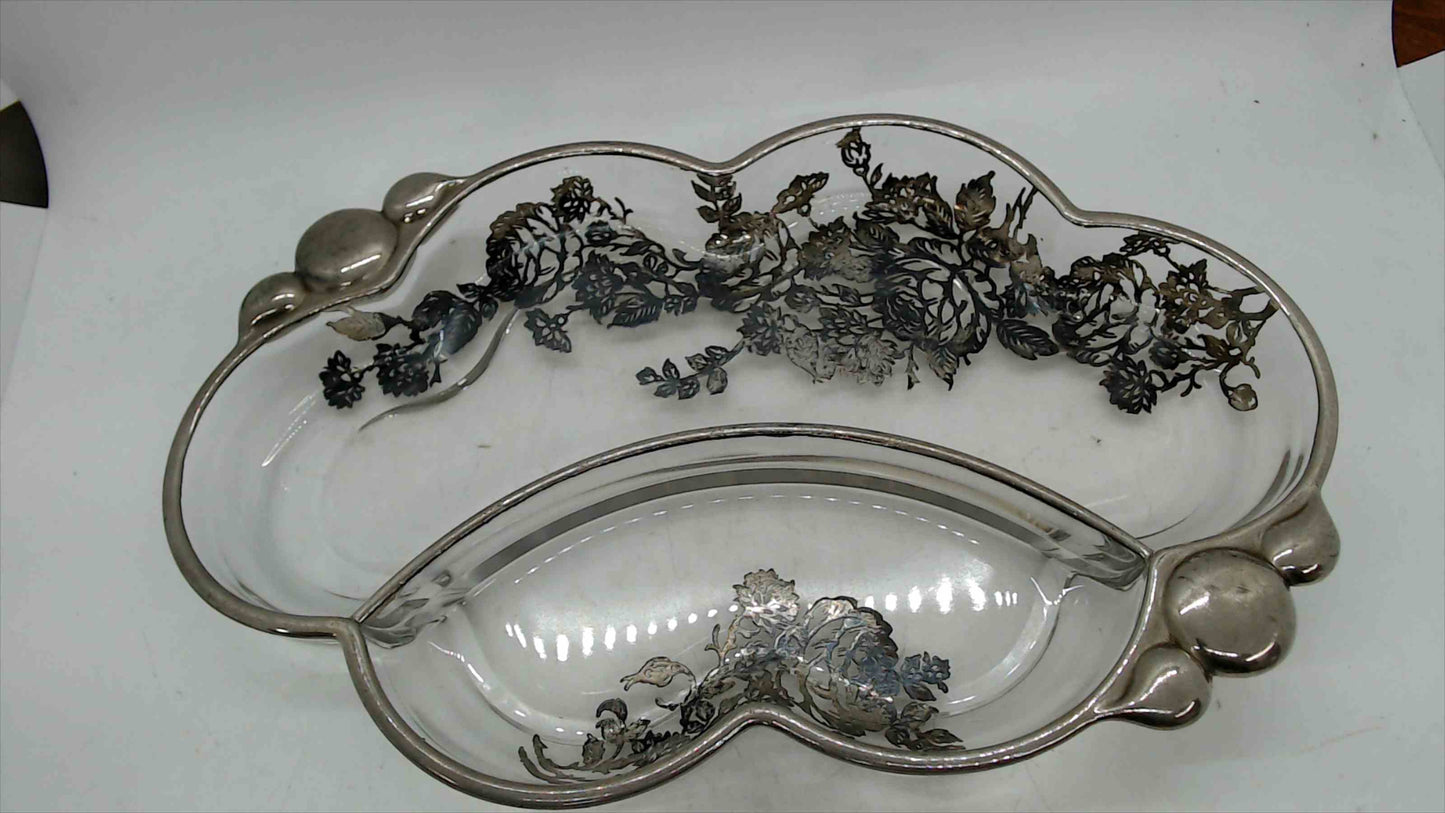 Vintage Silver Overlay Divided Glass Serving Dish – Floral Etched Design – 10.5”