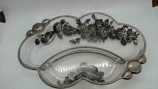 Vintage Silver Overlay Divided Glass Serving Dish – Floral Etched Design – 10.5”