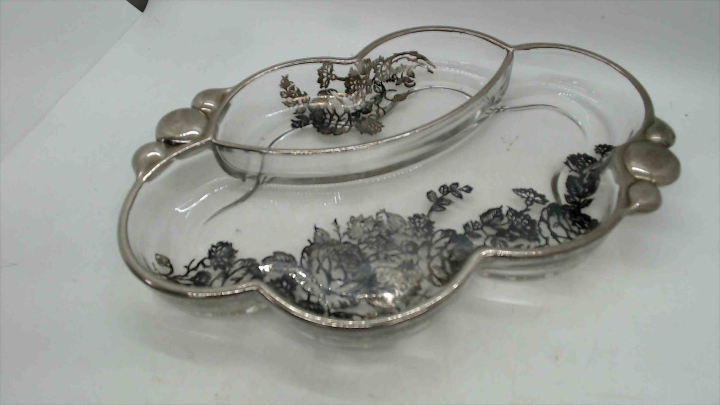 Vintage Silver Overlay Divided Glass Serving Dish – Floral Etched Design – 10.5”