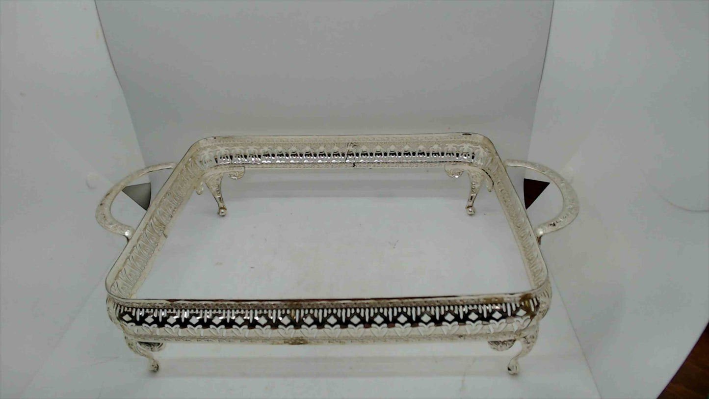 Vintage Silver-Tone Footed Serving Tray w/ Handles – Reticulated Metal Frame Only, 15"x10"x3"