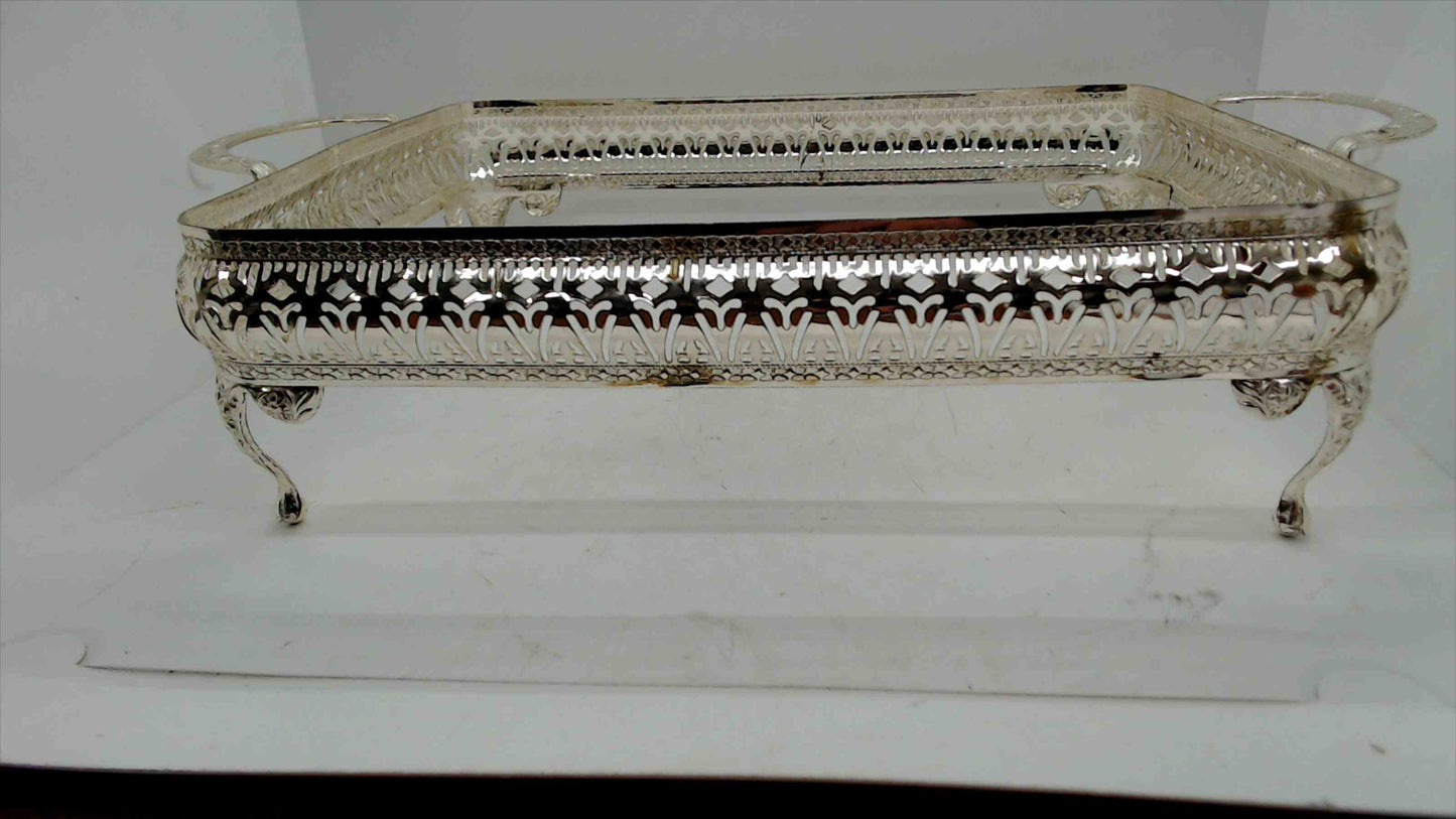 Vintage Silver-Tone Footed Serving Tray w/ Handles – Reticulated Metal Frame Only, 15"x10"x3"