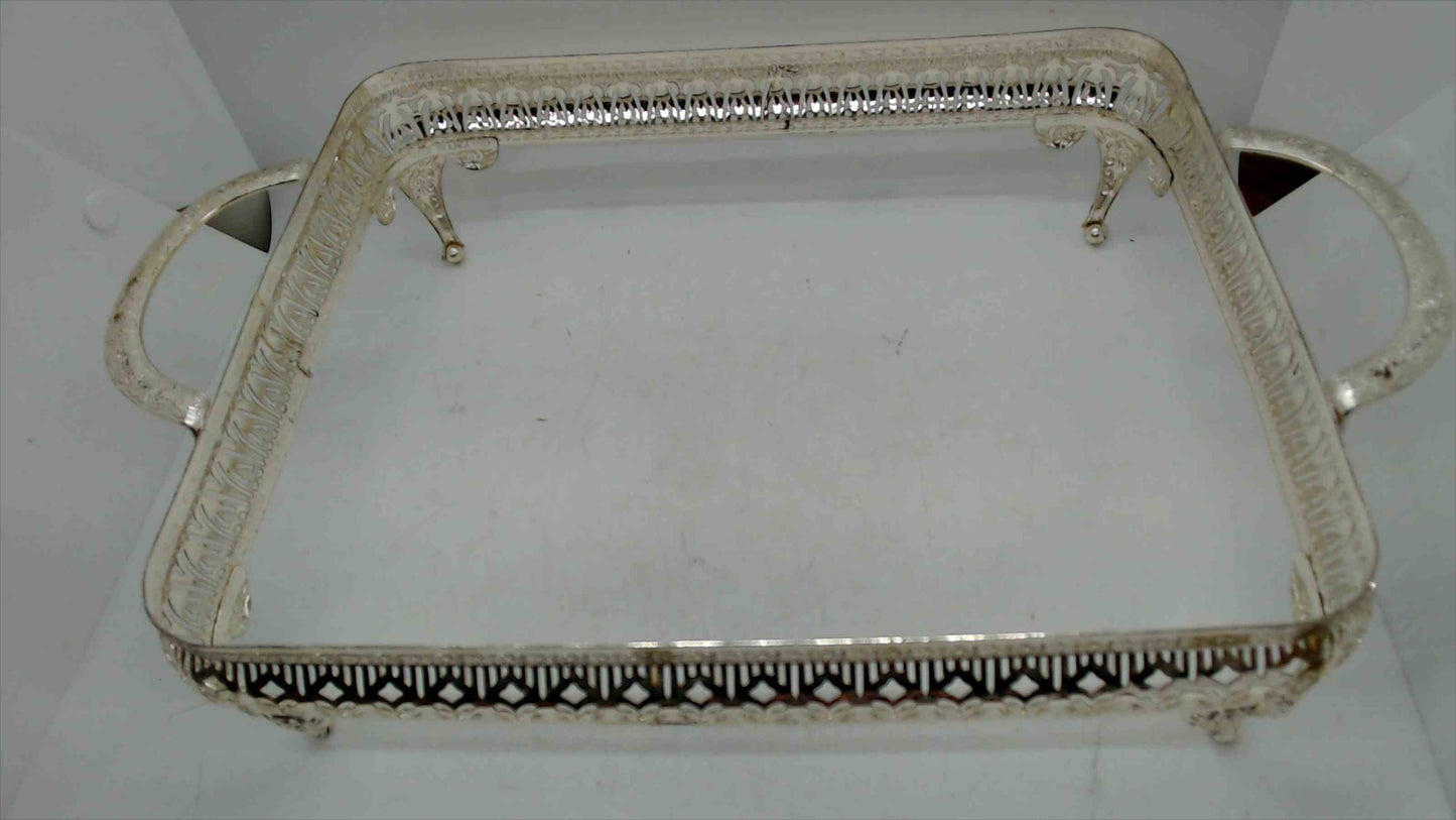 Vintage Silver-Tone Footed Serving Tray w/ Handles – Reticulated Metal Frame Only, 15"x10"x3"