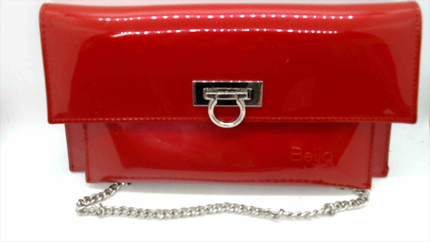 Beijo Red Patent Faux Leather Chain Shoulder Bag – Glossy Clutch Purse