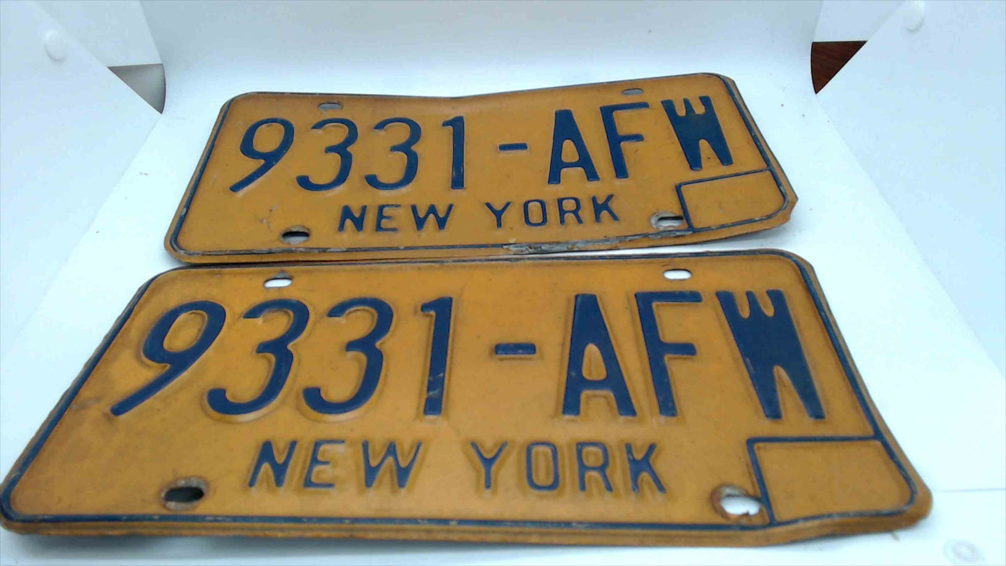 Pair of Vintage New York License Plates 9331-AFW – Yellow/Blue Embossed – Matched Set – Collectible