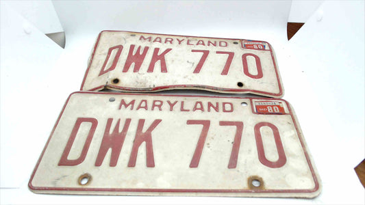 Vintage 1980 Maryland License Plates Pair – DWK 770 – Red on White – Matching Set