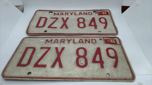 Vintage 1980 Maryland License Plates Pair – DZX 849 – Red on White – Matching Set