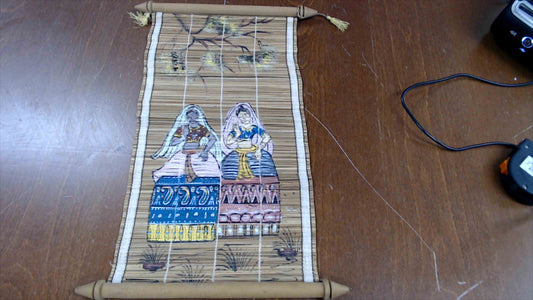 Vintage Hand-Painted Bamboo Scroll Wall Hanging – Traditional Figures Artwork – 8” x 15”