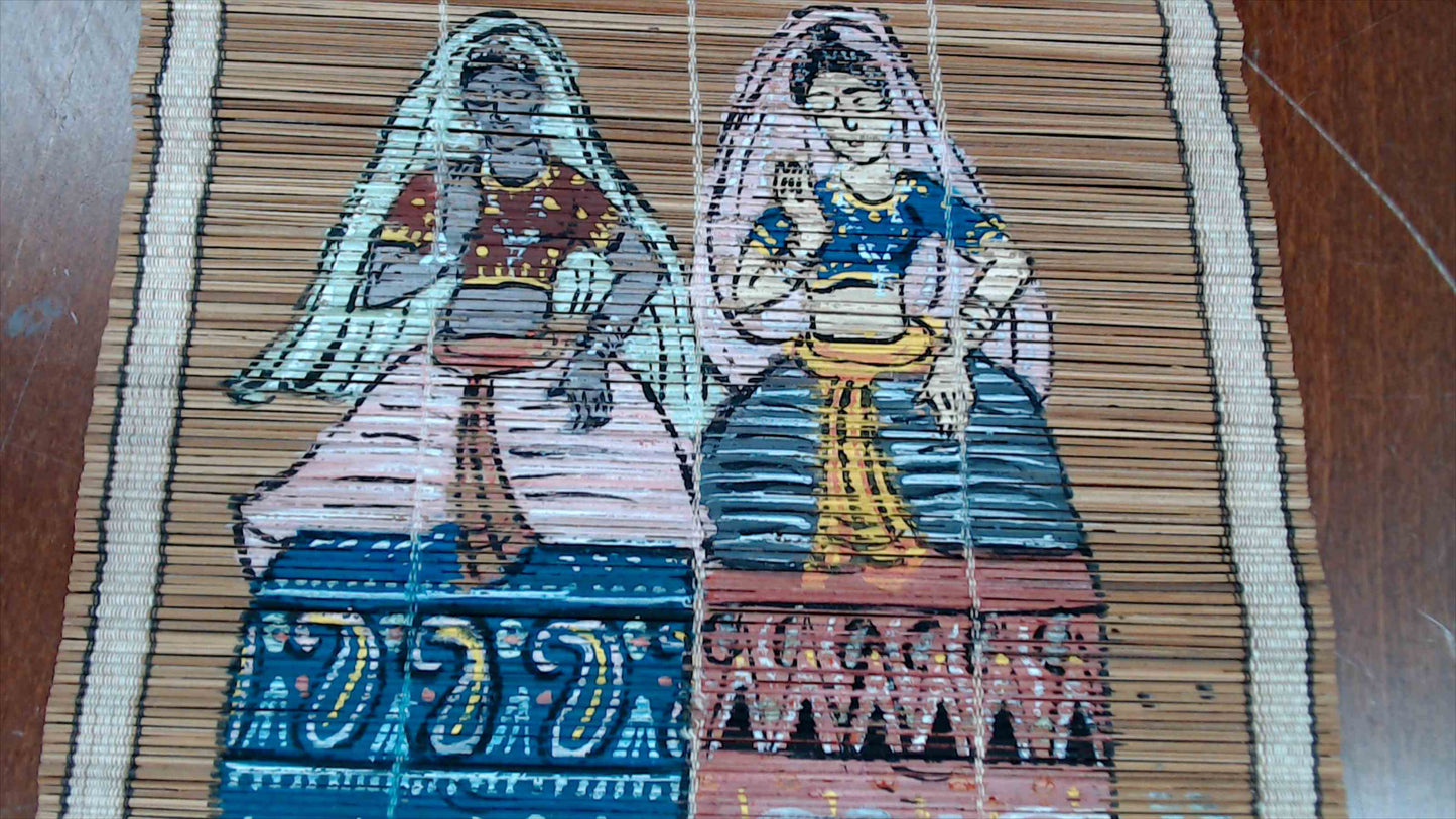 Vintage Hand-Painted Bamboo Scroll Wall Hanging – Traditional Figures Artwork – 8” x 15”