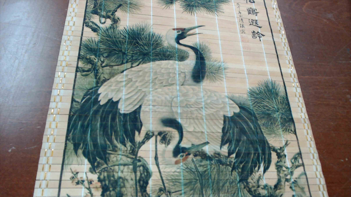 Vintage Asian Bamboo Wall Scroll – Cranes & Pine Tree Artwork – 33” x 12”