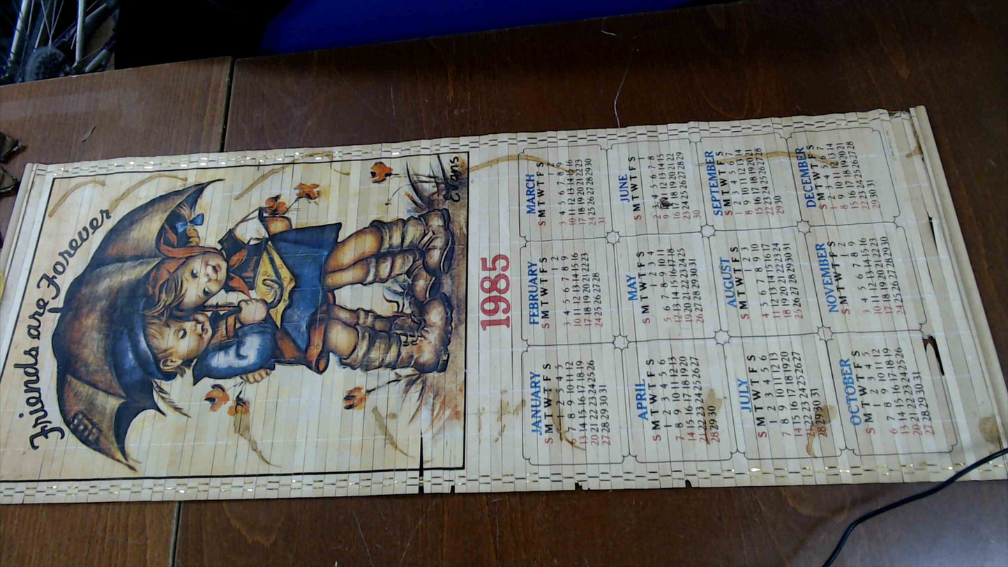 Vintage 1985 Bamboo Wall Calendar – “Friends Are Forever” & Country Mailbox Scene – Double-Sided Hanging Art
