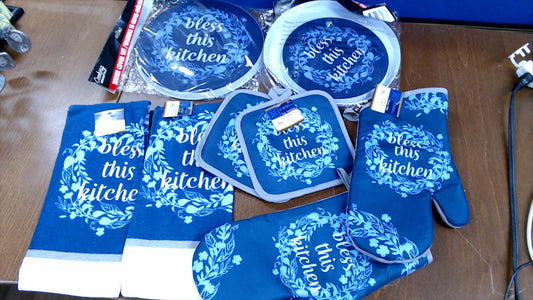 Bless This Kitchen Blue Floral Kitchen Set – Towels, Oven Mitts, Pot Holders & Burner Covers (10-Piece Set)