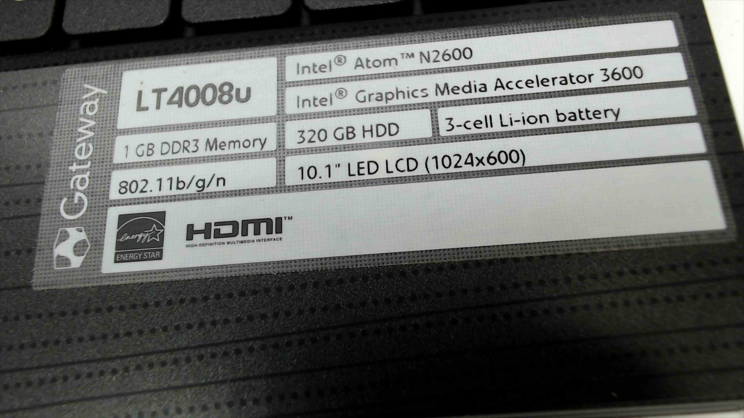 Gateway LT4008u 10.1" Netbook – Intel Atom N2600 – 320GB HDD – Factory Reset – Excellent Condition