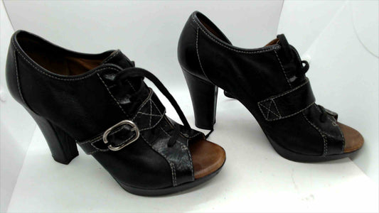 Naya Kasha Black Leather Peep Toe Lace-Up Heels – Size 9M